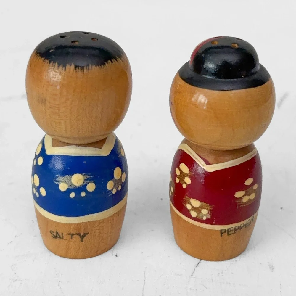 VTG Japanese Kokeshi Doll Salt & Pepper Shakers Wooden Hand Painted Japan
